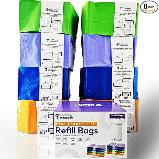 Factory Happyou® Pack of 8 Refills Compatible with Dekor PLUS Diaper Pails (NOT COMPATIBLE WITH DEKOR CLASSIC). A Refill is 394 in Long, 30% Thicker. Odor Control. Each Refill Holds up to 600 Diapers