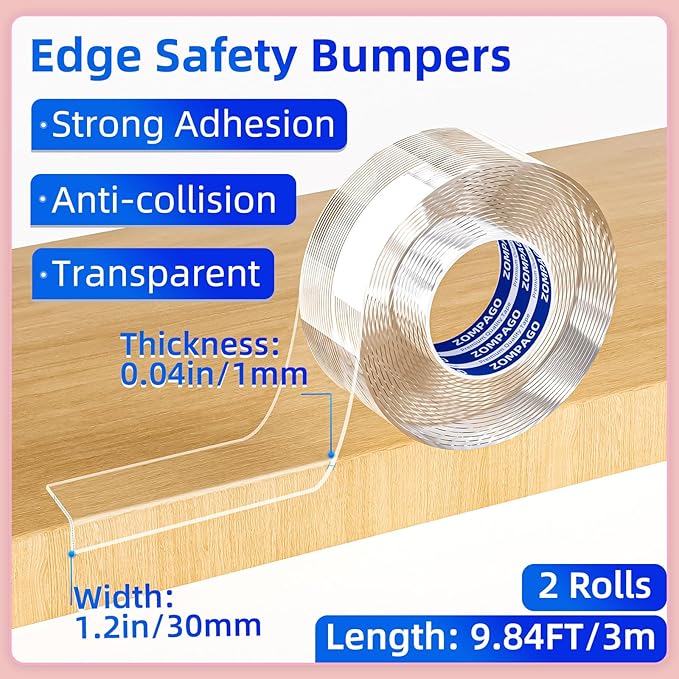 ZOMPAGO Clear Acrylic Edge Protector Tape, 2 Rolls,2mm Thick x 1.18in x 9.84FT, Self Adhesive Transparent Bumper Strip for Table Edge, Crib Edge, Sharp Furniture Edge Protection, Baby Proofing