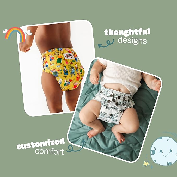 Kinder Cloth Diapers Reusable Baby Diapers Pocket Style Athletic Wicking Jersey, Bamboo Viscose Inserts, Wet Bag, Newborn to Potty Training 7-60lbs, One Size (Tranquil Garden, 10 Pack, with Inserts)