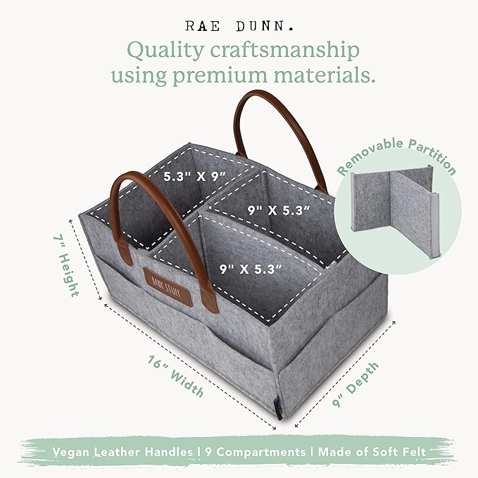 Rae Dunn Baby Diaper Caddy Organizer, Nursery Storage for Changing Table and Car, Portable Basket for Items, Shower Gifts, Grey Felt With Leather Handles, Large