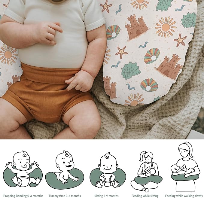 Boho Beach Summer Baby Nursing Pillow Covers for Boy Girl Retro Seaside Holiday Nursery Slipcovers for Breastfeeding Pillows Sun Seashells Castle Soft Stretchy Removable Cover for Newborn Infant