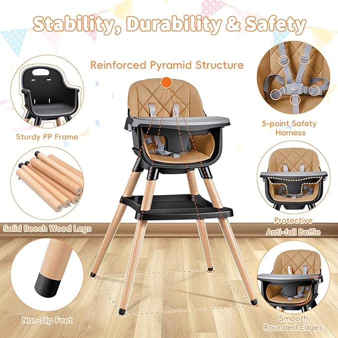 Babyliebe Baby High Chair, 8 in 1 Convertible Wooden High Chair for Babies and Toddlers, Converts to Booster Seat, Toddler Chair & Stool, with Removable Double Tray, Adjustable Legs & Footrest (Brown)