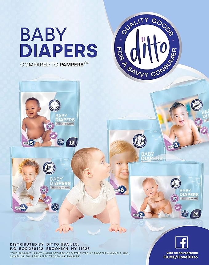 Ditto Baby Diapers Size 6 (128 Count) – Breathable Disposable Diapers – 12-Hour Leak Protection & Wetness Indicator – Day + Overnight Diapers for Sensitive Skin – No Fragrance, Parabens or Latex