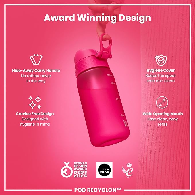 Ion8 Small Water Bottle, 350 ml/12 oz, Leak Proof, Easy to Open, Secure Lock, Dishwasher Safe, BPA Free, Carry Handle, Hygienic Flip Cover, Easy Clean, Odor Free, Carbon Neutral, Hot Pink