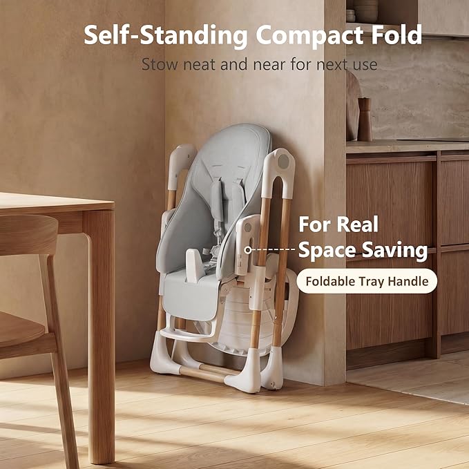 Kinder King Convertible High Chair for Babies & Toddlers, Adjustable Baby Feeding High Chair with Removable Double Tray, Simple Compact Fold for Space-Saving, 2 Built-in Wheels, Easy to Clean