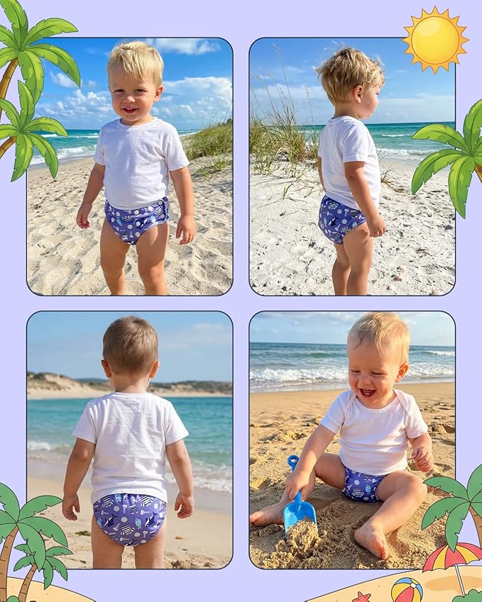 Babygoal Swim Diapers 3 Pack for 8 Months-3 Years Infant and Toddler, Reusable Adjustable Washable for Baby Swimming Lessons-Fish & Shark