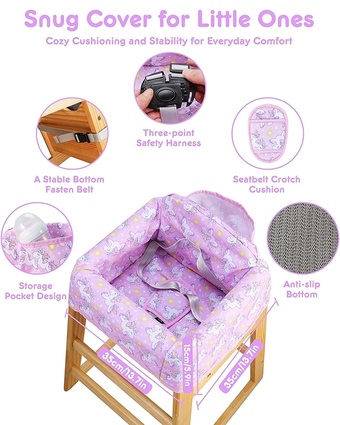 High Chair Cover Portable with 3-Point Harness, Waterproof Baby Seat Cover for Restaurant Travel Home Use, Machine Washable, Fits Wooden Chairs (Purple Unicorn)