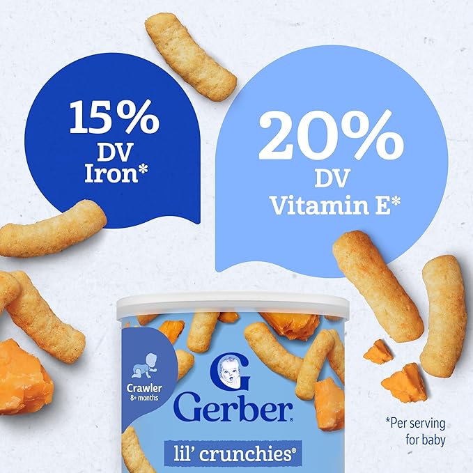 Gerber Stage 3 Baby Food Snacks, Mild Cheddar Lil' Crunchies, Snacks for Babies, Baby Led Feeding, 6-Pack
