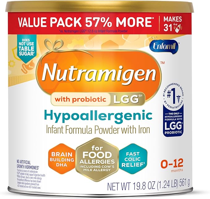 Enfamil Nutramigen Hypoallergenic Baby Formula with Iron, Lactose Free, Colic Relief from Cow's Milk Allergy Starts in 24 Hours, Brain Building DHA, Probiotic LGG for Immune Support, 19.8 Oz Can