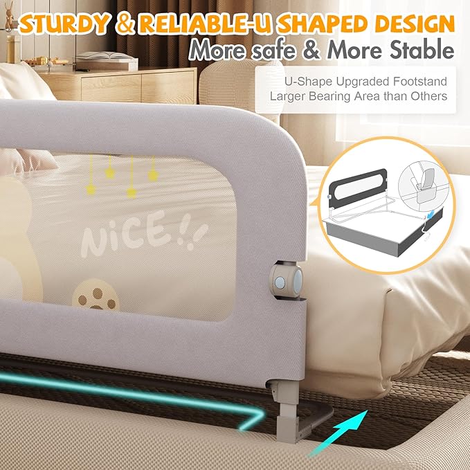 Bed Guard Rail for Toddlers - 60 inches Lift Foldable Toddler Bed Rails for Kids - Safety Baby Bed Rail Guard with Reinforced - Great Fit for Kids Twin Double, Full Size, Queen, King Size Bed