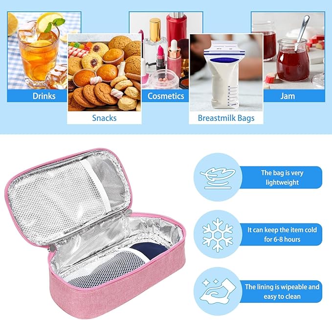 Breastmilk Cooler Bag with Ice Pack, Portable Insulated Breast Milk Storage Cooler Bag, Small Stylish Breastmilk Storage Bag Cooler with Wrist Strap (Pink)