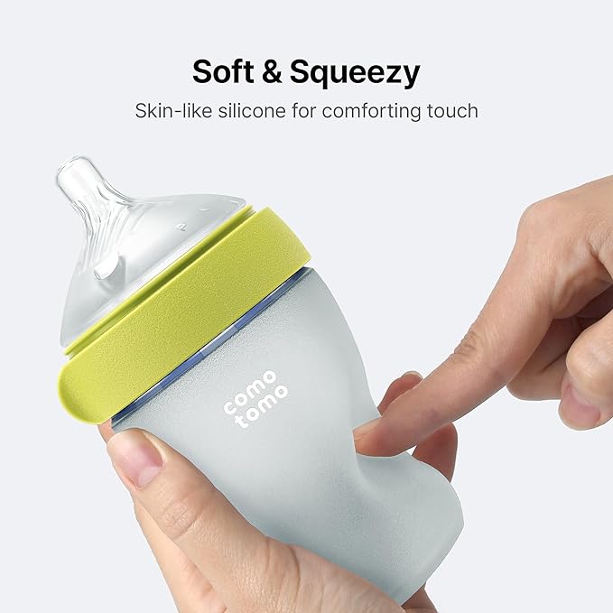 Comotomo Silicone Baby Bottle Gen 2 – 2026 Release (8oz) – Soft, Wide-Neck Bottle for Comfortable Feeding with Dual Anti Colic Vents (Includes Medium Flow Nipples), Green