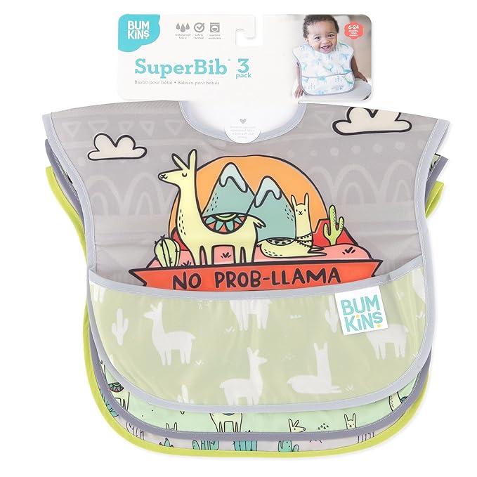 Bumkins Bibs for Girl or Boy, SuperBib Baby and Toddler for 6-24 Months, Essential Must Have for Eating, Feeding, Baby Led Weaning Supplies, Mess Saving Catch Food, 3-pk No Prob-Llama, Cactus, Llamas