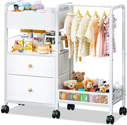Baby Diaper Caddy Organizer with Hanging Rack, Rolling Diaper Utility Cart with Dividers and Drawers for Baby Essentials Storage, Bedside Cart with Wheels for Changing Station, Crib, Nursery, Bedroom