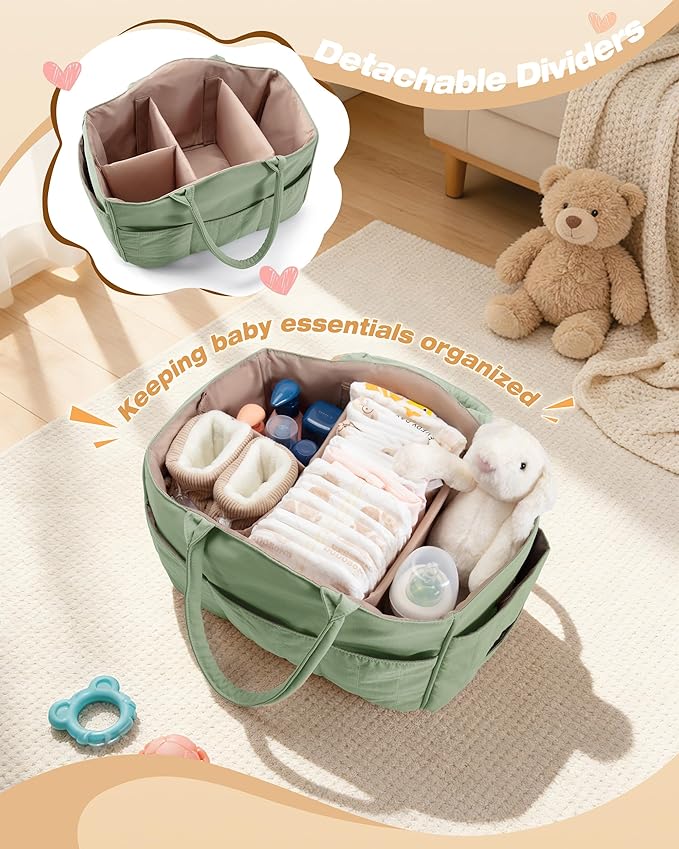 Marscamd Quilted Baby Diaper Caddy with Detachable Dividers and Wipes Pocket, Lightweight Baby Caddy Organizer with Handles and 8 Pockets for Baby Stuff, Green
