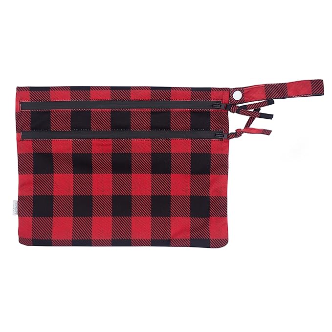 BapronBaby Red Buffalo Plaid Wet Dry Bag - Waterproof Two Zipper Pockets - Reusable for Mealtime, Diapers, Stroller, Snacks, Swimsuits - Machine Washable - 11" x 9"
