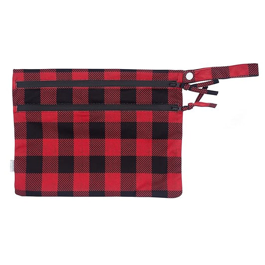 BapronBaby Red Buffalo Plaid Wet Dry Bag - Waterproof Two Zipper Pockets - Reusable for Mealtime, Diapers, Stroller, Snacks, Swimsuits - Machine Washable - 11" x 9"