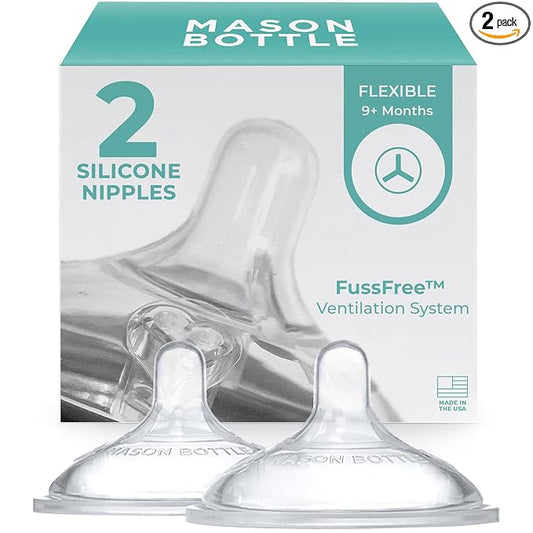 Mason Bottle Flexible Flow Nipples (6+ Months) – Silicone Baby Bottle Nipples, Fits Any Regular-Mouth Mason Jars – Wide Natural Shape, BPA-Free, Non-Toxic, Made in USA (2-Pack)
