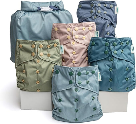 Kinder Cloth Diapers Reusable Baby Diapers Pocket Style Athletic Wicking Jersey, Wet Bag, Newborn to Potty Training 7-60lbs, One Size, Inserts NOT Included (Coastal Calm, 5 Pack, Without Inserts)