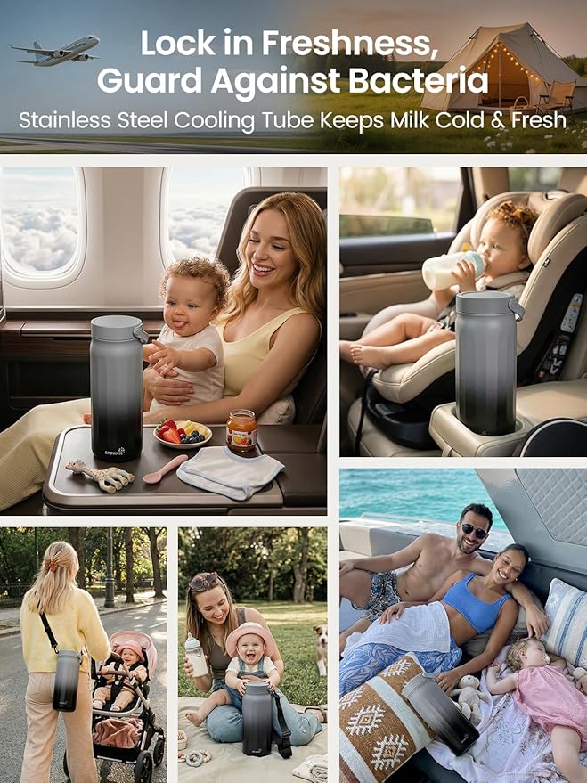 Grownsy 22oz Portable Breast Milk Cooler, 360° Stainless Steel Chiller Keeps Breastmilk Fresh for 24H, No Ice Crystals,Milk Cooler with 2 Baby Bottles for Work & Travel, Baby Breastfeeding Essential