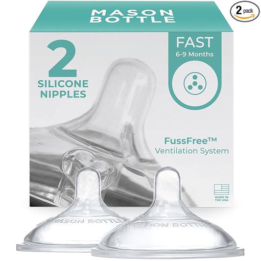 Mason Bottle Fast Flow Nipples (6+ Months) – Silicone Baby Bottle Nipples, Fits Any Regular-Mouth Mason Jars – Wide Natural Shape, BPA-Free, Non-Toxic, Made in USA (2-Pack)