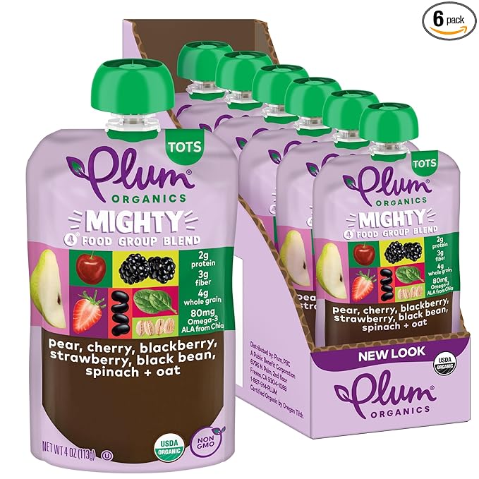 Plum Organics Mighty 4 Organic Toddler Food - Pear, Black Bean, Cherry, Blackberry, Strawberry, Oat, and Spinach - 4 oz Pouch (Pack of 6) - Organic Fruit and Vegetable Toddler Food Pouch