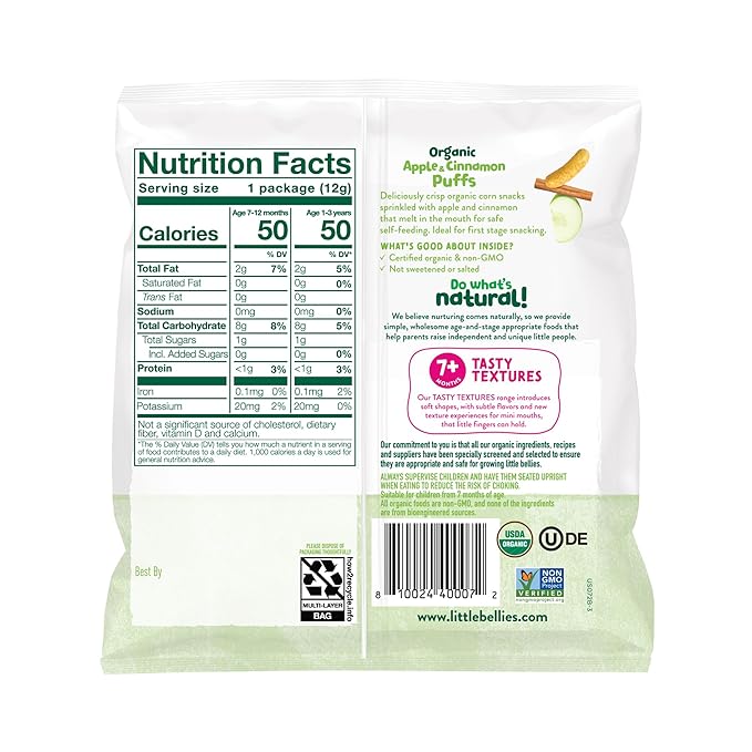 Little Bellies Organic Apple & Cinnamon Puffs Baby Snack (.42 oz Individual Packs), (Pack of 36)