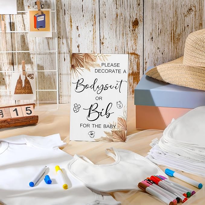Roowest 35 Pcs Baby Shower Bibs Games Design Wooden Baby Shower Party Game Sign DIY Bodysuit Sign 15 White Blank Bibs 9 Bodysuit 10 Markers for Party Supplies(Boho)