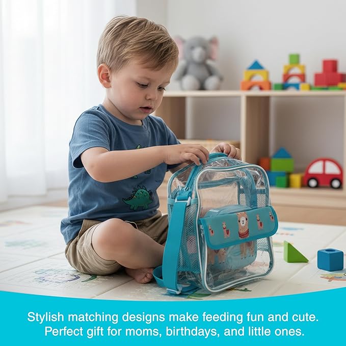 Refresh-A-Baby Feeding Essentials Kit for Feeding on the go, Feeding Travel Set with Universal Bottle Top Adaptor, Resealable Container, Silicone Bib, Clear Travel Bag & More (Llama Love)