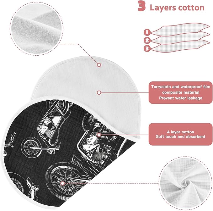 Black White Motorcycles Burp Cloths Baby Boys Girls Absorbent Soft Cotton Burping Cloths Rags, 4 Pack