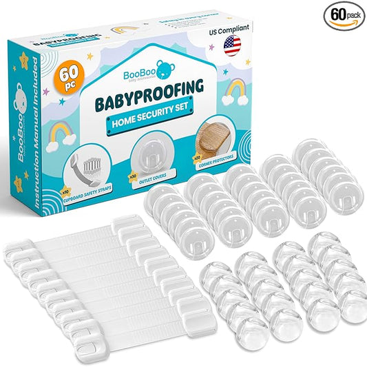 Booboo Baby (60 Pack) Child Safety Baby Proofing Kit | x10 Cabinet Drawer Locks, x20 Corner Guards, x30 Outlet Covers | Baby Proof Your Home & Kitchen with No Trapped Fingers | No Tools Needed