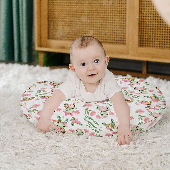 Baby Girls Nursing Pillow Cover Sea Turtle Pink Green Floral, Turtley Adorable Flower Breastfeeding Pillowcase, Bottle Feeding Pillow Slipcover Shower Gift Cover Only