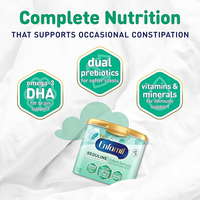 Enfamil Reguline Baby Formula, Designed for Soft, Comfortable Stools, with Omega-3 DHA & Probiotics for Immune Support, Reusable Powder Tub, 19.5 Ounce (Pack of 4)
