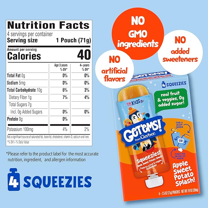Get'ems from Gerber, Squeezies, Apple Sweet Potato Splash Kids Smoothie Pouch, Fruit and Veggie Pouches, Ice Pops, Freezie Fruit Pops, Snacks for Kids, 8-Pack