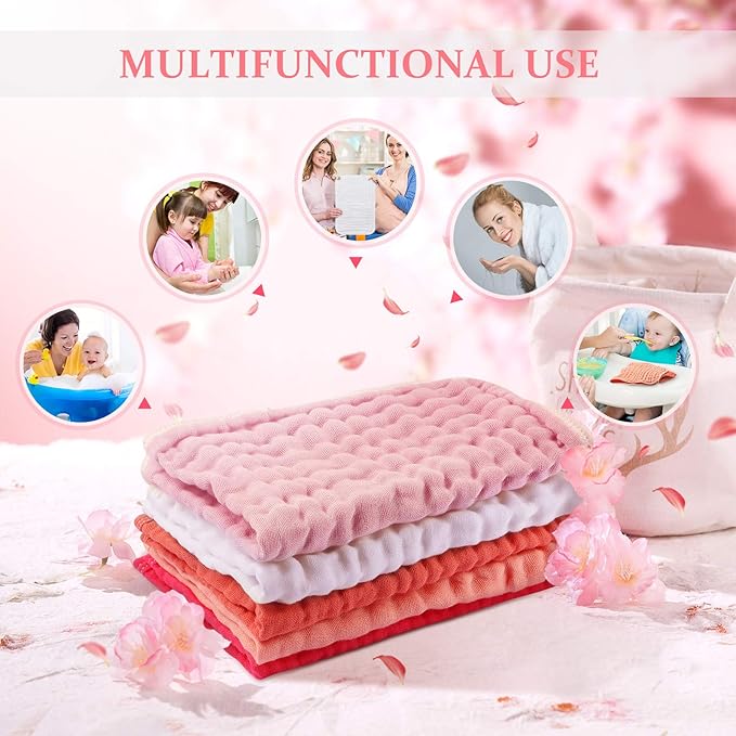 Hicarer 6 Pcs Girl Muslin Burp Cloths Cotton Burping Spit Rags Large 20 x 10 Inch 6 Layers Newborn Soft Absorbent Multicolor Wash Cloths Diapers for Baby Shower(Pink Series)