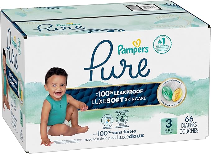 Pampers Pure Baby Diapers, Size 3 (16-28 lbs), 66, Up to 100% Leakproof, Premium Hypoallergenic Soft Diapers