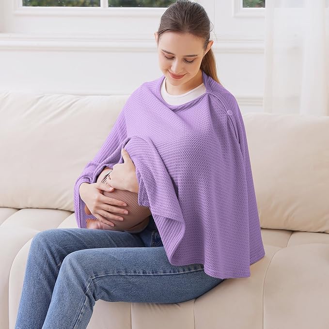 Knit Nursing Cover for Baby Breastfeeding, Breathable and Soft, Wide Neck with Stretch for Easy View (Purple)