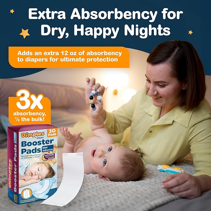 Inspire Dimples Booster Pads, Baby Diaper Doubler with Adhesive - Boosts Diaper Absorbency - No More leaks 30 Count (with Adhesive for Secure Fit) (30 Count)