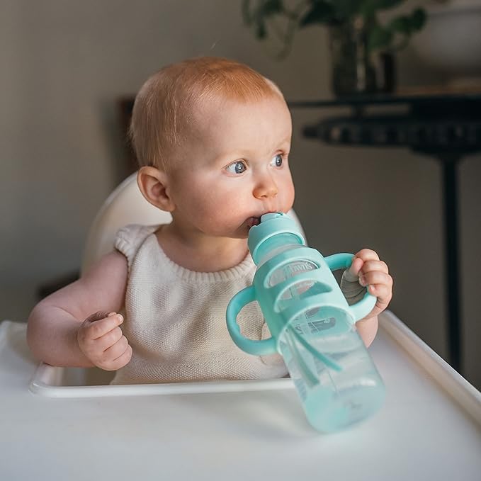 Dr. Brown's Milestones 8 oz Gray & Blue and Gray & Green Sippy Straw Bottles with Weighted Straw, Spill-Proof Lid, Silicone Handles