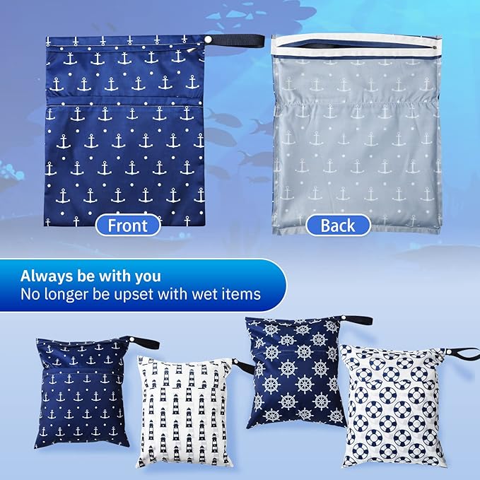 Frienda 4 Pieces Cloth Diaper Wet Dry Bag, Waterproof Reusable Washable Bag for Baby Items and Travel Zippered Pockets with Handle, Beach, Swimsuit, Dirty Gym Clothes and Toiletries(Nautical Style)