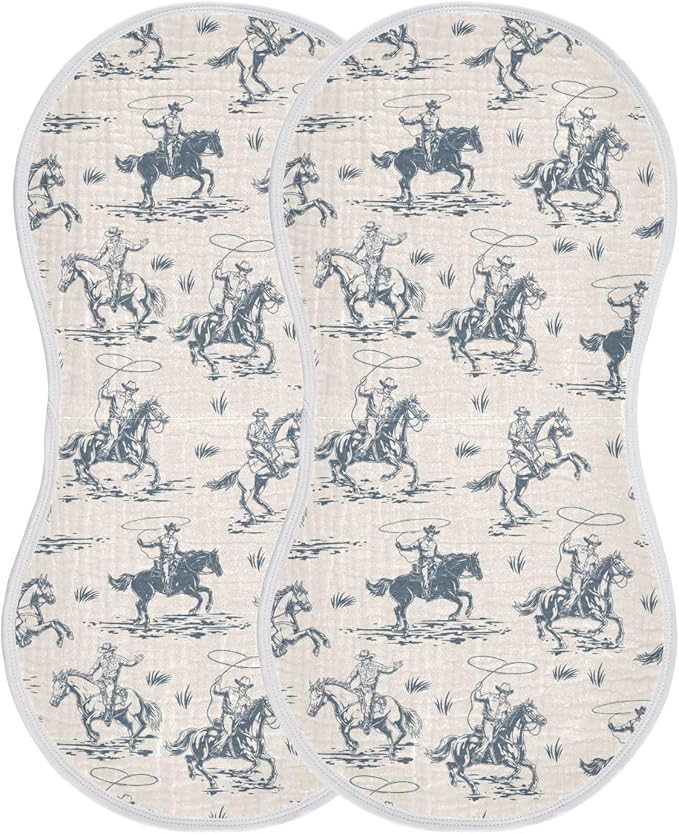 Muslin Burp Cloths for Baby Boys and Girls - 2-Pack Ultra Absorbent Western Cowboy Muslin Washcloths, Newborn Towel, Milk Spit Up Rags, Burp Cloth Bibs for Unisex, 22 x 11 Inch