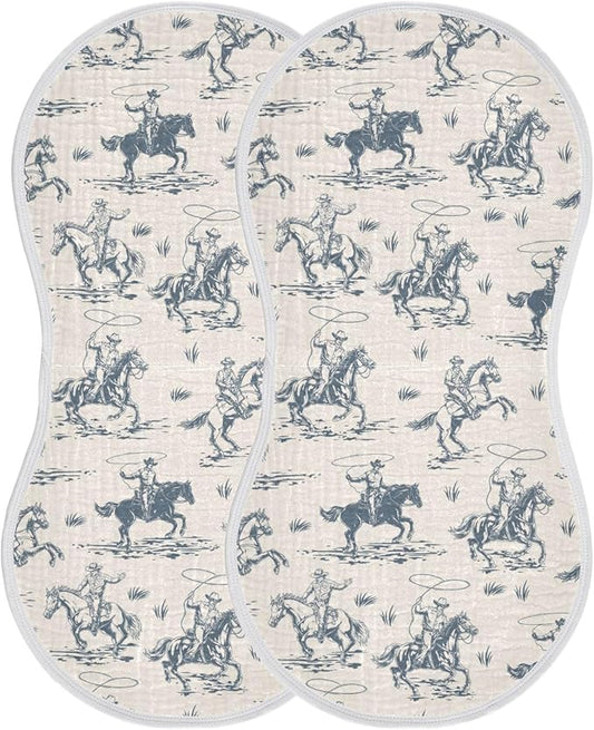 Muslin Burp Cloths for Baby Boys and Girls - 2-Pack Ultra Absorbent Western Cowboy Muslin Washcloths, Newborn Towel, Milk Spit Up Rags, Burp Cloth Bibs for Unisex, 22 x 11 Inch