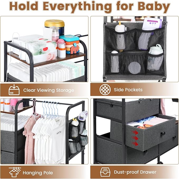 Orzbow Baby Diaper Caddy Cart Organizer and Storage | 4 Tier Baby Rolling Cart with Dividers and Drawers, Metal Rolling Utility Cart for Nursery, Bedroom, Changing Table & Crib, Easy to Assemble, Grey