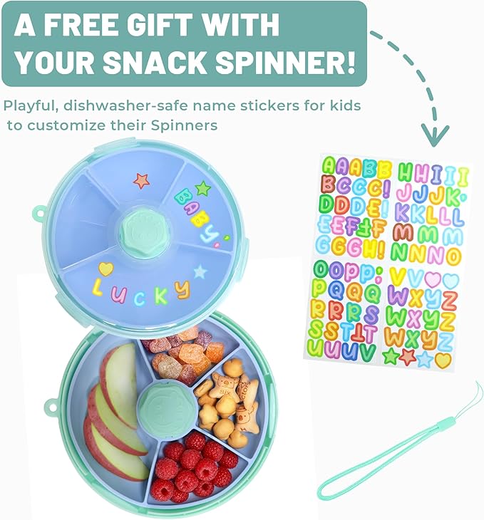 KingKam Kids Snack Spinner Containers, Reusable Toddler Spin Snack Container Box with 4 Compartments & Lid, BPA Free Food Grade Silicone Tray Dishwasher Safe, Travel Snacking Accessories (Blue/Green)