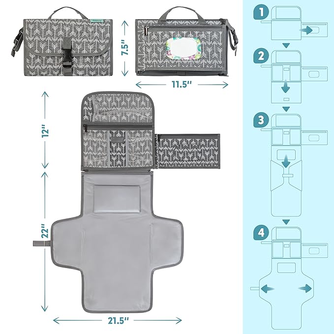 Kopi Baby Portable Diaper Changing Pad-Baby Diaper Changer Travel Bag with Wipes Pocket, Smart Design Portable Changing Mat, Infant Travel Station Kit,Gift for Newborn Girl & Boy-Grey Arrows, Premium