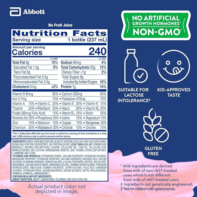 PediaSure Grow & Gain with Immune Support, 27 Vitamins & Minerals for Kids, 7g Protein, Non-GMO, Gluten-Free, Strawberry, 8-fl-oz Bottle, Pack of 24