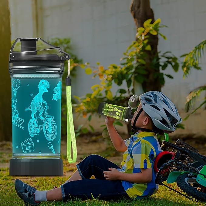 Attivolife Kids Watter Bottle, 3D Illusion LED Light with 7 Color Changing - 14 0z BPA Free - Creative Ideal Travel Cup Dinosaur Gift for School Kid Boy Child Holiday Camping Picnic (DinosaurPark)