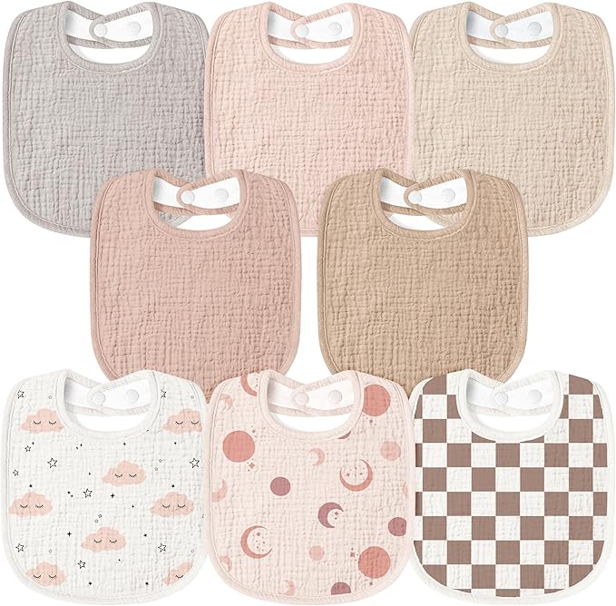 Susurration Muslin Baby Bibs 8 Pack Bandana Drool Bibs, Soft Square Adjustable Baby Drooling Bibs for Unisex Girls & Boys