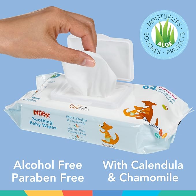 Nuby's Soothing Ultra Premium Baby Wipes Naturally Inspired with Chamomile, Aloe, and Citroganix, Fragrance Free, Extra Thick, 512 Count