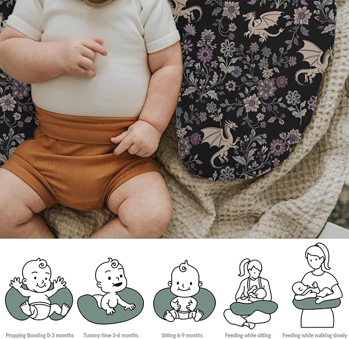 Fantasy Floral Dragons Baby Nursing Pillow Covers for Boy Girl Fairytale Dragon Gothic Black Purple Flowers Nursing Slipcovers for Breastfeeding Pillows Animal Soft Stretchy Cover for Newborn Infant
